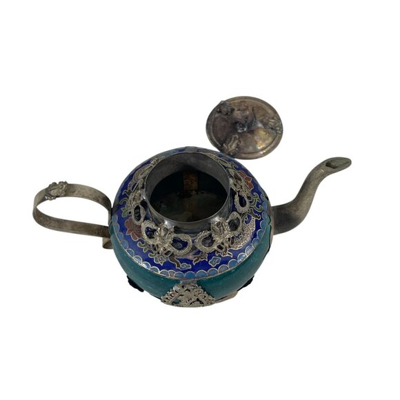 Antique Cloisonné Teapot With Silver-Plated Details & Intricate Design - Picture 6 of 9